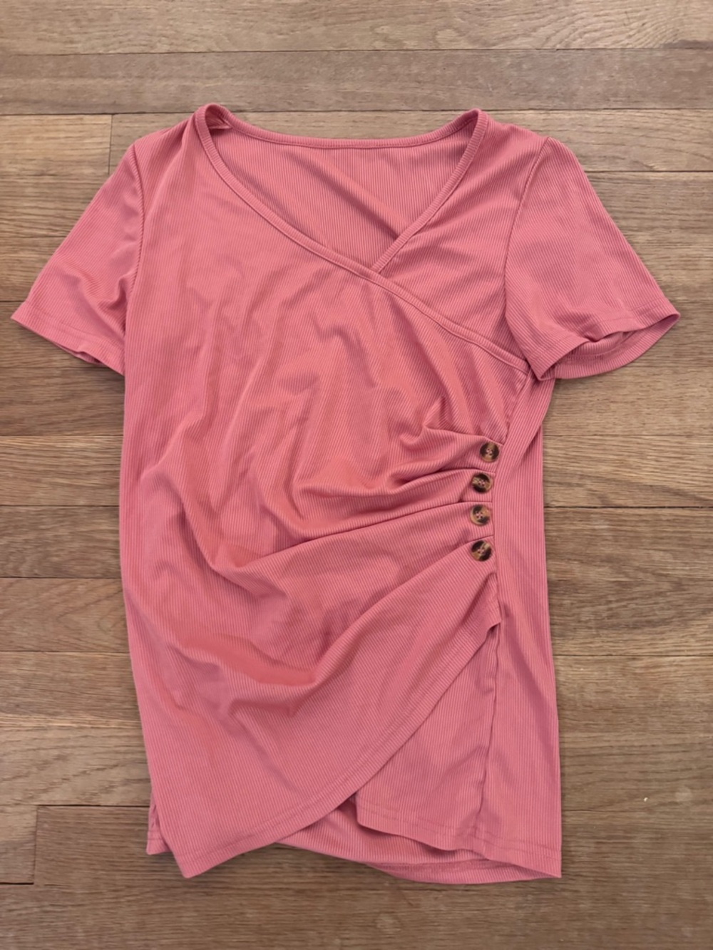 Women's Pink Ribbed Short Sleeve Faux Wrap Top - Size S
 b24